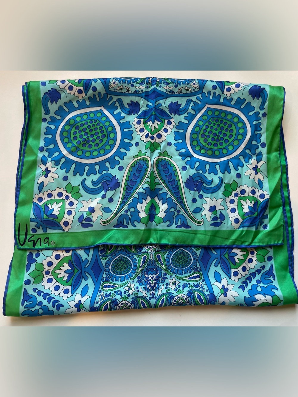 Vintage Vera Neumann Long Scarf Green Blue & White Paisley 45” x 14”